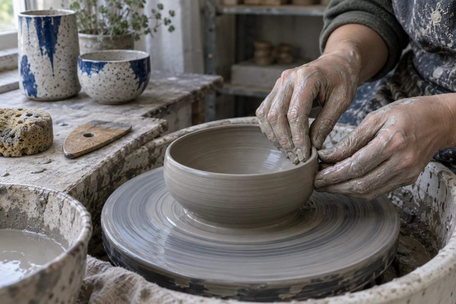 Clay-covered hands shape the rim of a stoneware bowl on a pottery wheel, with mineral blue vessels nearby.
